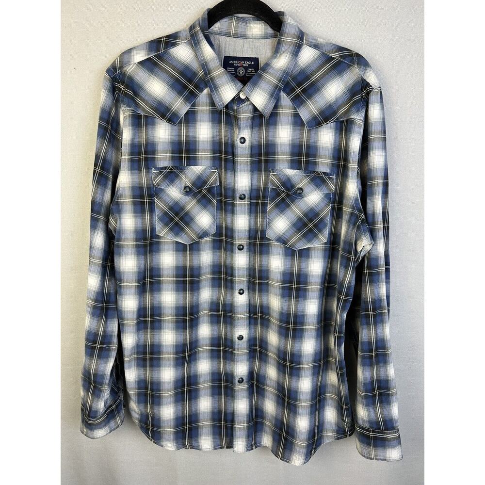 American Eagle Snapfront Shirt Women's XL Gray Blue Plaid Western Casual Cotton